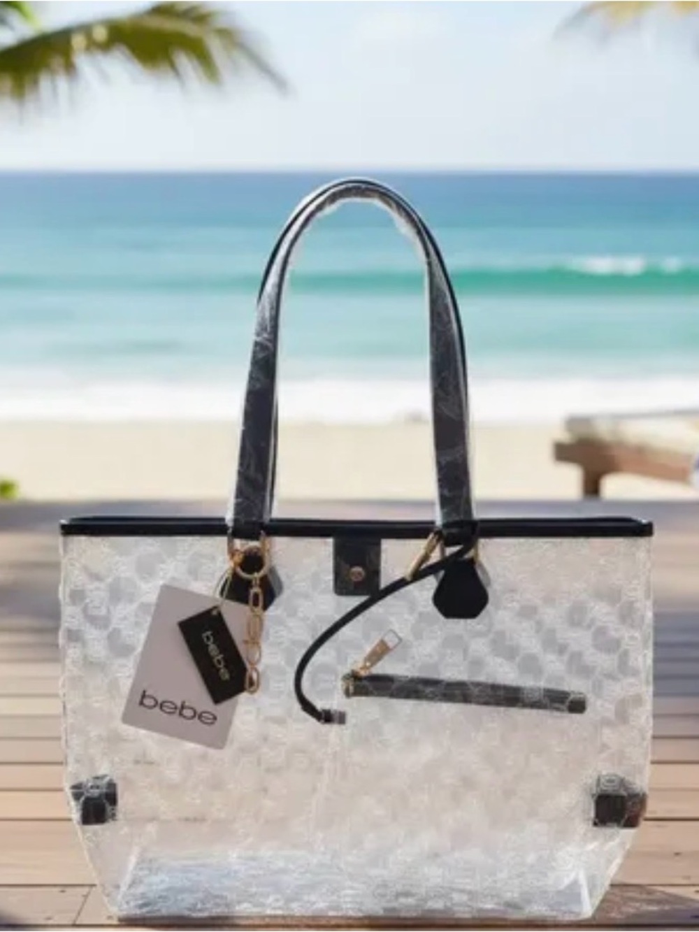BEBE Caitlin Clear Tote with Black Trim and Gold Hardware